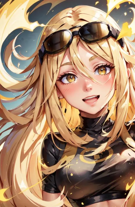 masterpiece, best quality, ((solo)),Terra_dc, happy, ((portrait)), long straight blond hair, black shirt, yellow shorts, aviator glasses on head, brown gloves, energy swirling in the background, black and yellow theme  