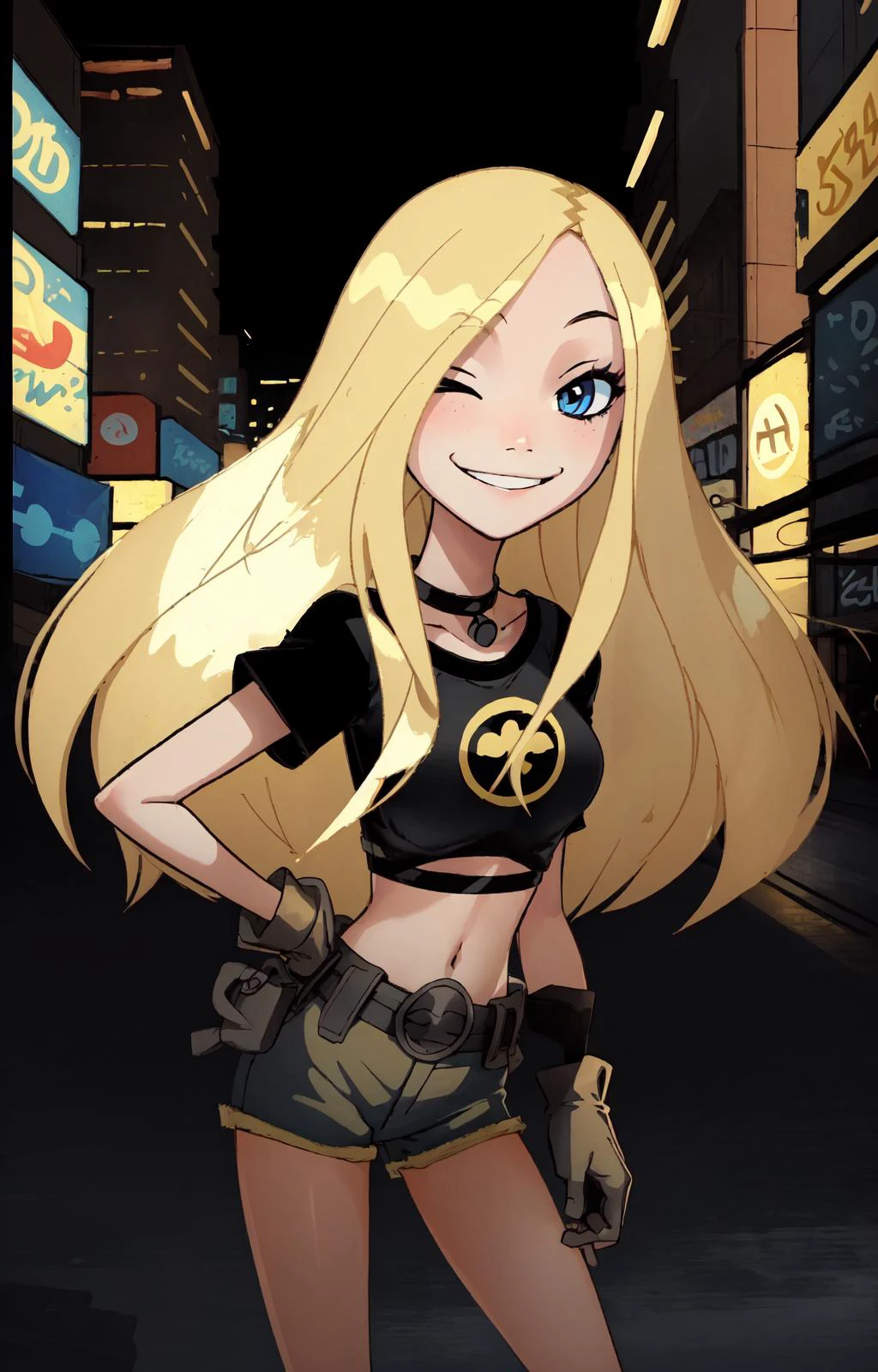 masterpiece,best quality, thick outline, (cartoon),1girl, solo,  Terra_DcCartoon, smile, happy, hair over one eye,  long blonde hair, black shirt, yellow shorts, belt,  eyeliner,   in the city, sfw, 