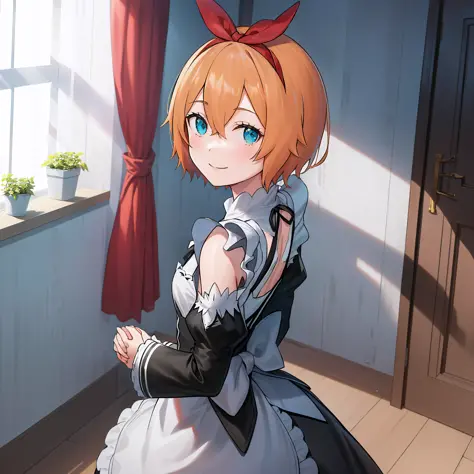 masterpiece,best quality,anime,(2d:1.2),indoors, 
 1girl, roswaal mansion maid uniform, solo, maid, cyan blue eyes, short hair,bow hairband, hair between eyes, detached sleeves, looking at viewer, red hairband,ribbon, bangs, looking back, bow, orange hair,red ribbon, black sleeves, window, long sleeves, apron, white bow, frills,ribbon trim,light smile, own hands together,