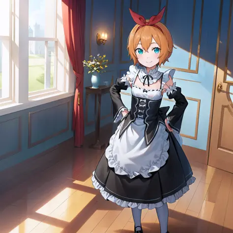 masterpiece,best quality,anime,(2d:1.2),indoors, 
 1girl, roswaal mansion maid uniform, solo, maid, short hair, detached sleeves, orange hair, bow hairband, ribbon, cowboy shot, looking at viewer, hairband, apron,indoors, red hairband, frills,black footwear, hair between eyes,white pantyhose, pout, smile, standing, shoes, cyan eyes, :t, white apron, bangs, hair ribbon, waist apron, hands on hips, neck ribbon, black ribbon, red ribbon, detached collar, black sleeves,