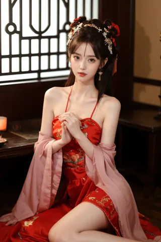 1girl, dress, hair ornament, red dress, solo, chinese clothes, long hair, sitting, bare shoulders, window, brown hair, hair bun,...