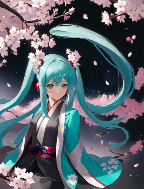 masterpiece, best quality, tony,1girl,solo,hatsune_miku,long hair, green hair, open jacket, cherry blossoms, cherry hair ornamen...