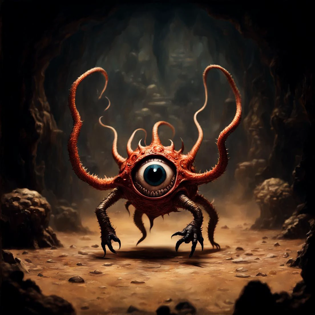 Floating round (((one eyed))) D&D BEHOLDER monster, in the spotlight in a cave, surrounded by void magic. with an armoured knight stood facing it