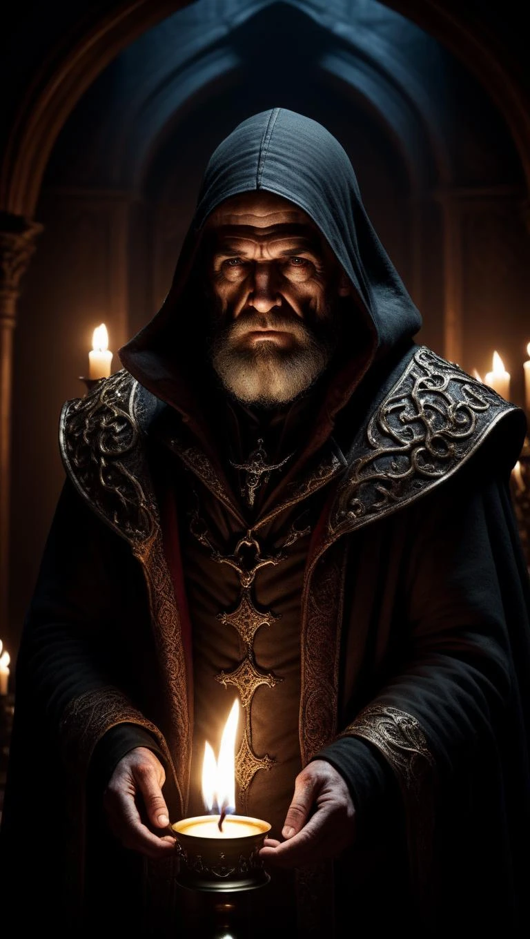 an old bearded man in a hood holding a lit candle, cgsociety unreal engine, wearing ornate clothing, cinematic photo, helltaker, portrait of professor sinister, ps 4 screenshot, the shrike, spawn, monk, without text, screenshot from game, photoreal details, father, dark candlelit room, dark shadows, shroud