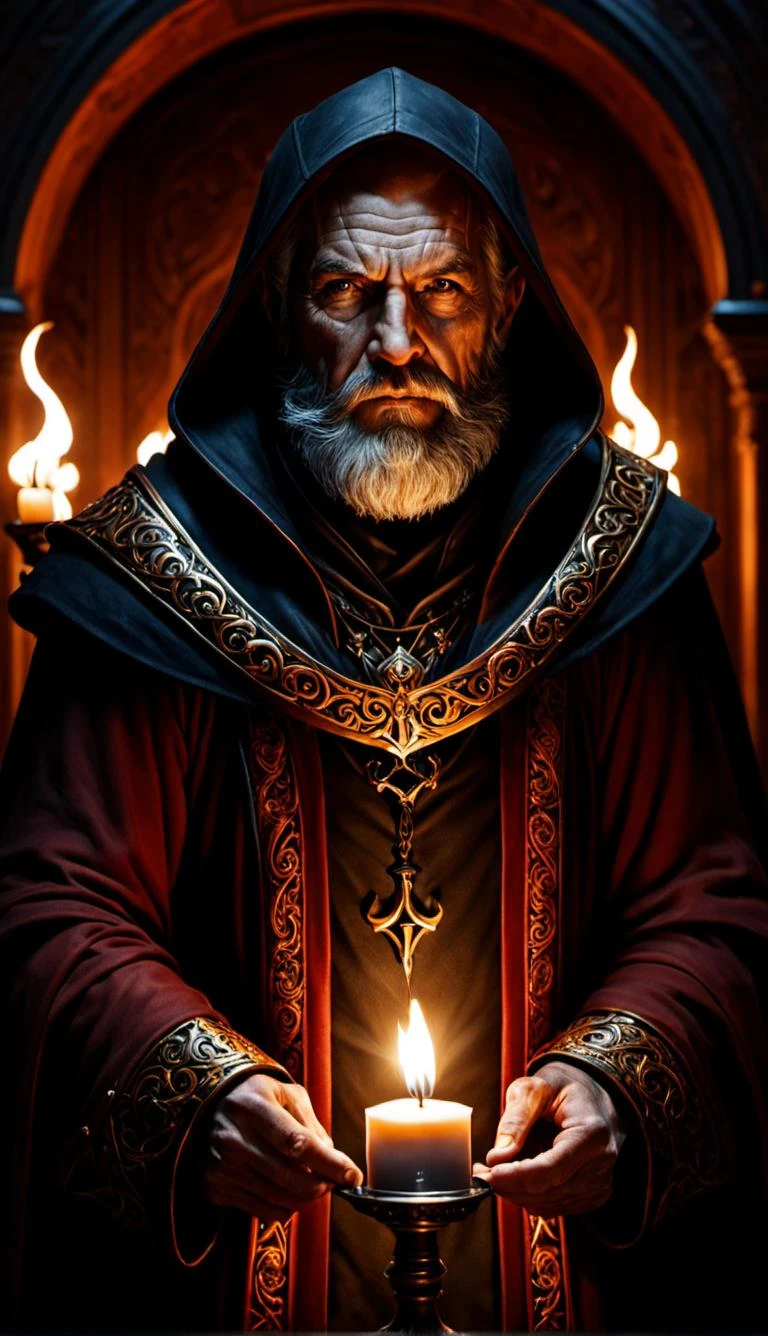 an old bearded man in a hood holding a lit candle, cgsociety unreal engine, wearing ornate clothing, cinematic photo, helltaker, portrait of professor sinister, ps 4 screenshot, the shrike, spawn, monk, without text, screenshot from game, photoreal details, father, dark candlelit room, dark shadows, shroud, 
an old bearded man in a hood holding a lit candle, cgsociety unreal engine, wearing ornate clothing, cinematic photo, helltaker, portrait of professor sinister, ps 4 screenshot, the shrike, spawn, monk, without text, screenshot from game, photoreal details, father, dark candlelit room, dark shadows, shroud