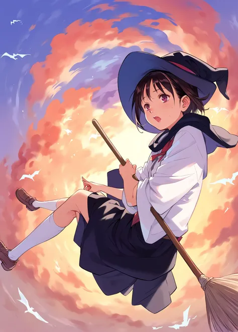 score_9, score_8_up, score_7_up, score_6_up, a girl witch, falling from the sky, ridding a broom, dutch angle,
 <lora:hanainu_st...