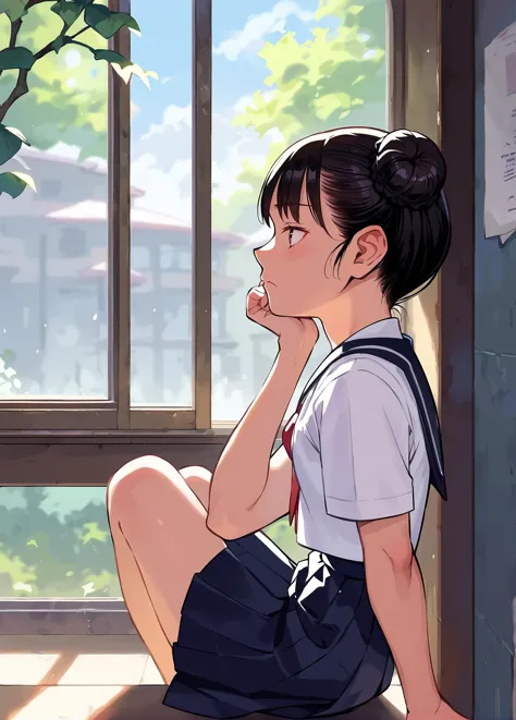 score_9, score_8_up, score_7_up, score_6_up,a girl sitting on a chair in the school, is leaning against an open window, leaning her head over her hand, looking outdoors, bored, double bun, school uniform, from side, 
<lora:hanainu_style_pony6_v1-000014:.9>