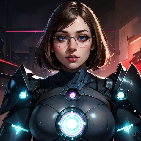 a close up of a woman in a futuristic suit with glasses