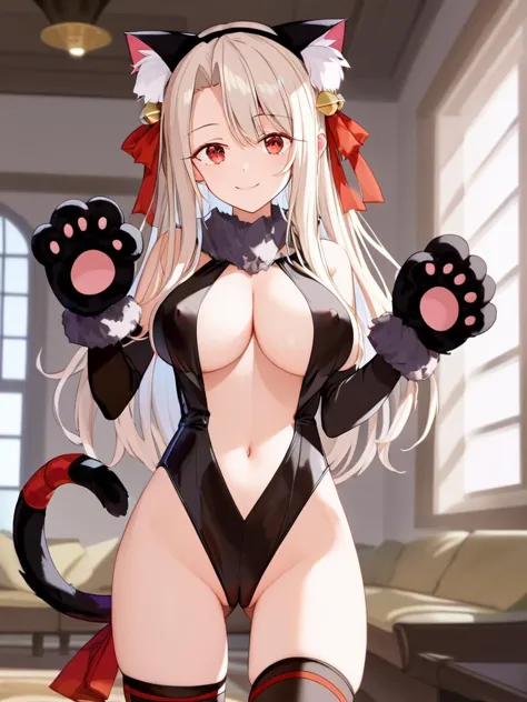 score_9, score_8_up, score_7_up,best quality, masterpiece, newest, 4k, uncensored,  prefect lighting,  rating_explicit, very aesthetic,
1girl,solo,zzillaaa,white skin, white hair, long hair,red eyes,  paw pose, cameltoe, friendly smile,illyasviel von einzb...