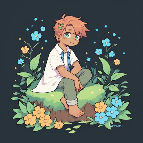 there is a boy sitting on a rock with flowers around him