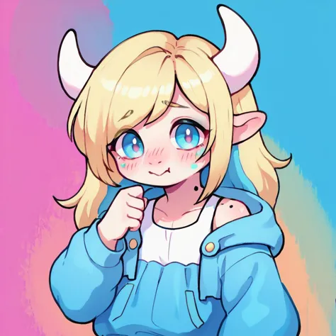 score_9, score_8_up, Unigan, femboy, cute, 2 horns, spots, pale rosy skin, blonde hair, vibrant highlights, shy, oversized puffy jacket, colorful background, digital art, highly detailed, zPDXL, <lora:UniganPDv2:.8>, <lora:CuteMixPDv3:.8>