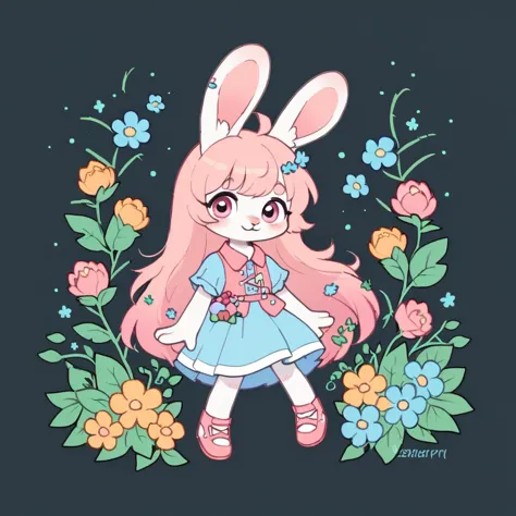 anime girl with pink hair and bunny ears in a blue dress