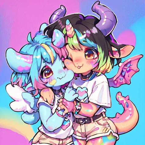 score_9, score_8_up, two Unigan, 1boy, 1girl, cute, horns, wings, colorful skin, vibrant highlights, shorts, girl kissing boy on cheek, blush, colorful background, digital art, highly detailed, zPDXL, <lora:UniganPDv2:.8>, <lora:CuteMixPDv2:.8>