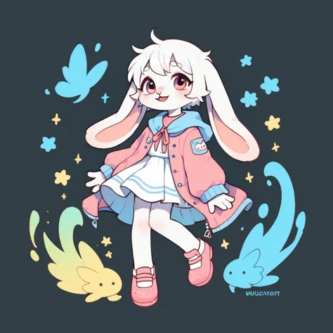 anime girl with rabbit ears and a pink coat and blue dress