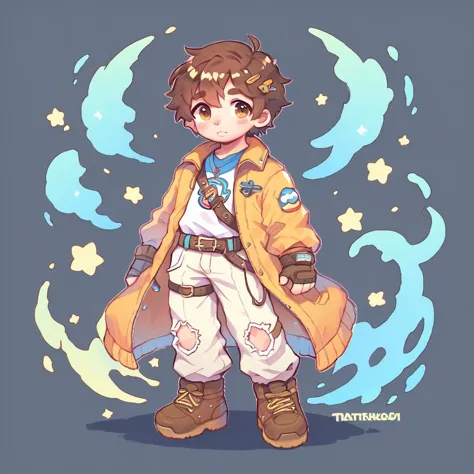 a cartoon drawing of a boy with a yellow coat and brown boots