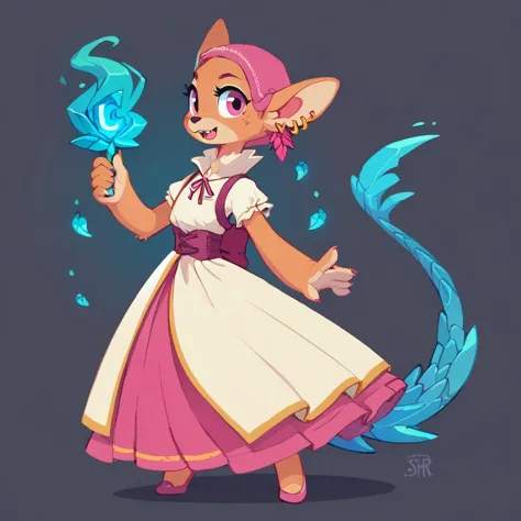 a cartoon cat dressed in a dress holding a wand and a crystal