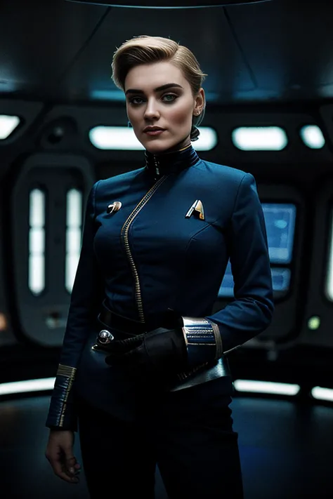 a woman in a blue uniform standing in a room