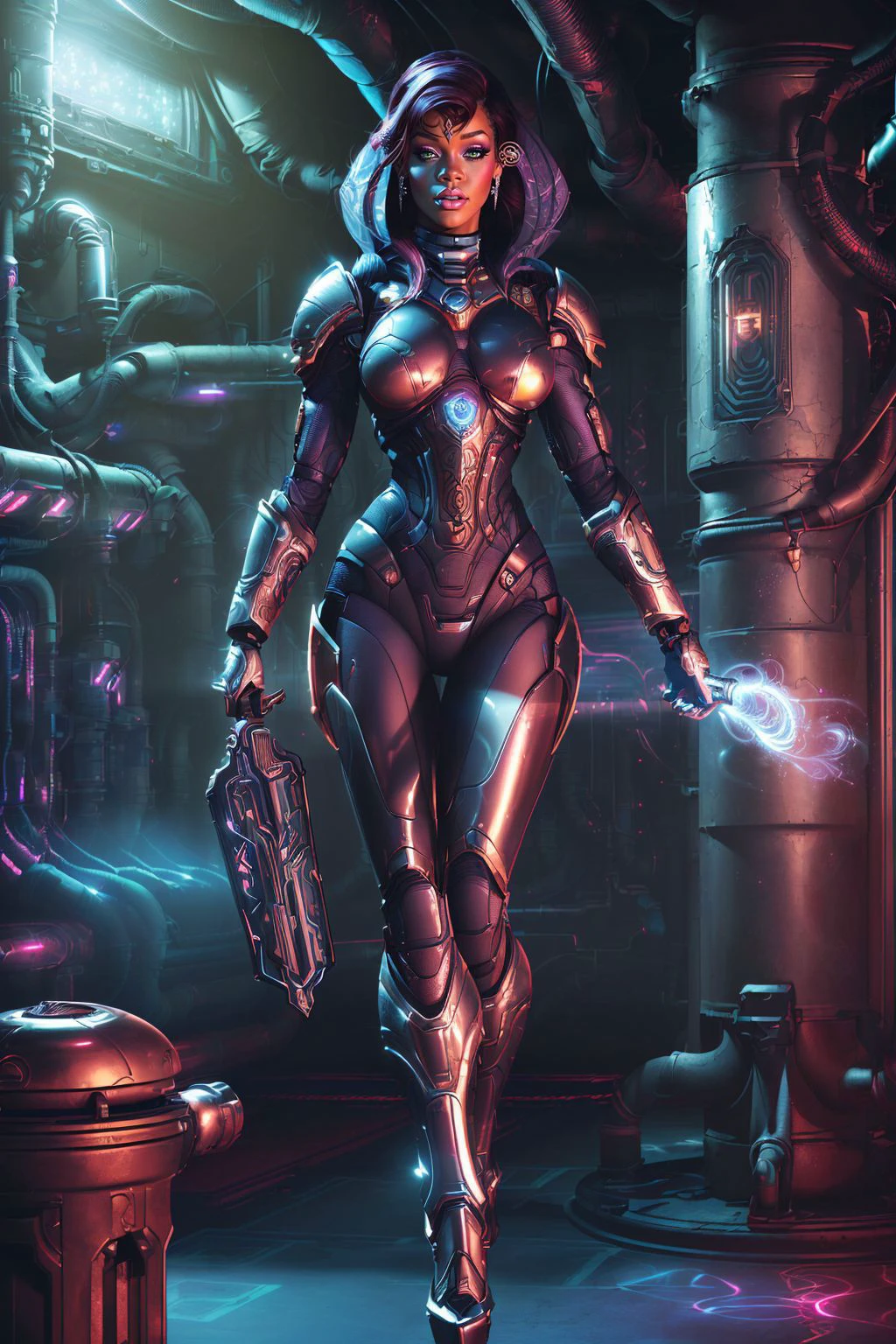 A stunning digital painting of (rihanna:1.0),solo, (middle shot:1.4), realistic, masterpiece, best quality, high detailed, (As Female Tali'Zorah vas Normandy: Craft an intricate 8K masterpiece of Tali'Zorah, the quarian engineer, her face concealed behind her signature opaque faceplate. Highlight the meticulous details of her enviro-suit, complex circuitry designs etched along her arms and her Omni-tool glowing bright in the dark recesses of the ship's engine room.:1.3),(in the style of John Howe:1.1),epic fantasy character art, concept art, fantasy art,  fantasy art, vibrant high contrast,trending on ArtStation, dramatic lighting, ambient occlusion, volumetric lighting, emotional, Deviant-art, hyper detailed illustration, 8k, gorgeous lighting, vamptech ,(full height portrait:1.8),(A retro-inspired bouffant style with hair teased high at the crown and styled in loose curls at the ends.:1.2),photoshoot
