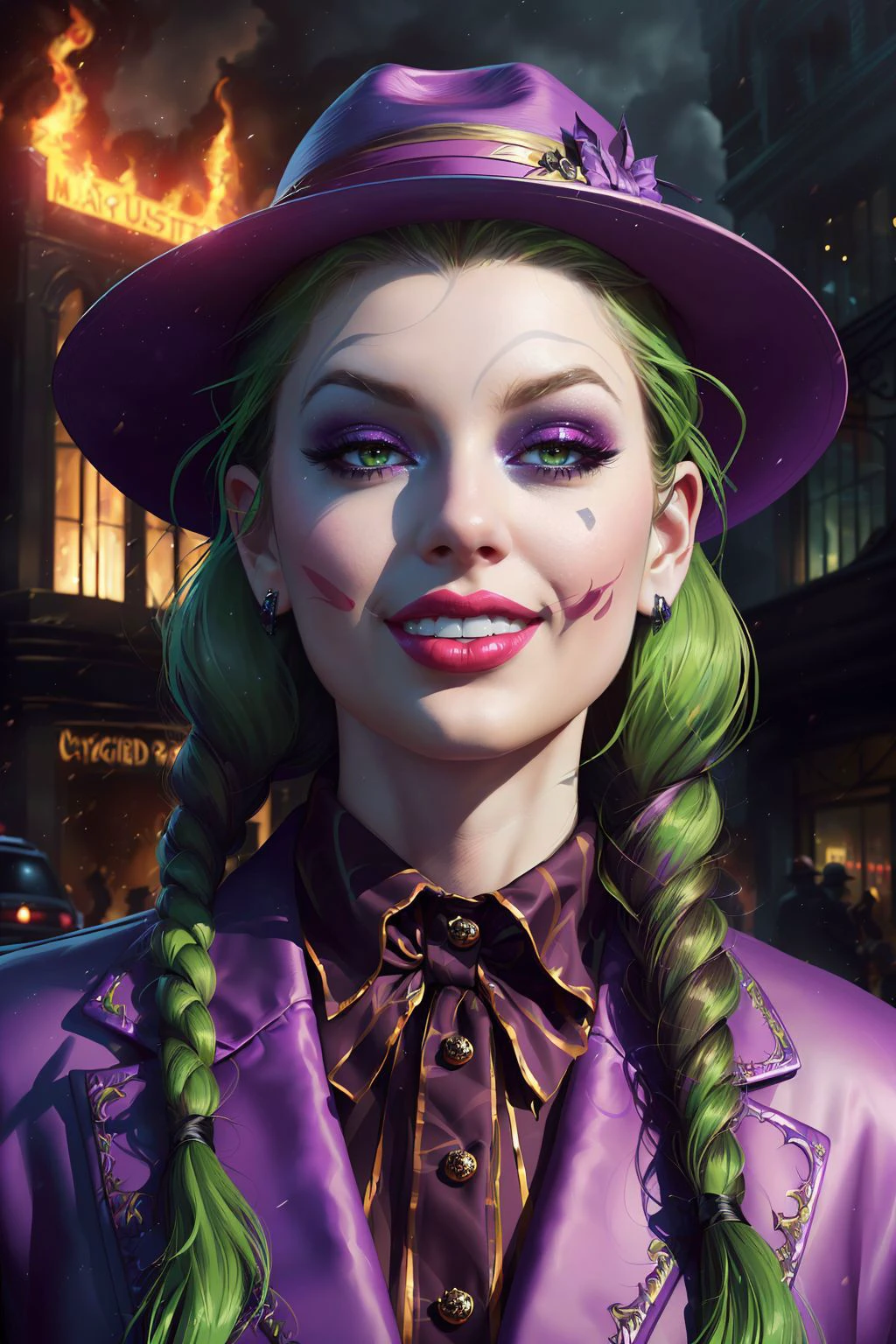 Uma impressionante pintura digital de (Taylor Swift:1.0),Sozinho, (tiro do meio:1.4), realista, Obra de arte, melhor qualidade, altamente detalhado, (Como Coringa Feminina, paint a Obra de arte in vibrant 8K quality. Vestida com seu icônico terno roxo e um chapéu de abas largas combinando, ela é vista nas ruas caóticas de Gotham, um sorriso ameaçador se espalhou por seu rosto. Seu cabelo verde chicoteia seu rosto enquanto a cidade queima atrás dela, capturando seu amor pelo caos nesta peça visualmente deslumbrante.:1.3),(ao estilo de Mike Mignola:1.1),arte de personagem de fantasia épica, arte conceitual, arte de fantasia,  arte de fantasia, alto contraste vibrante,tendências no ArtStation, iluminação dramática, oclusão ambiental, iluminação volumétrica, emocional, Deviant-art, ilustração hiper detalhada, 8K, iluminação linda, tecnologia vampírica ,(retrato de altura total:1.8),(Tranças trançadas com fitas pretas: longo, tranças grossas trançadas cuidadosamente e amarradas no final com fitas pretas, enquadrando o rosto e enfatizando a inocência.:1.2),sessão de fotos
