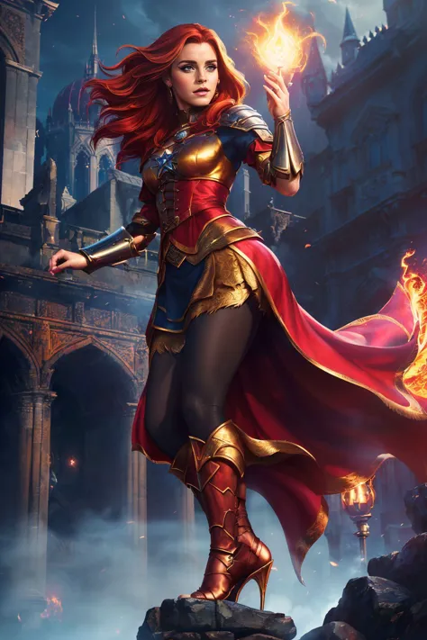 A stunning digital painting of (emma watson :1.0),solo, (middle shot:1.4), realistic, masterpiece, best quality, high detailed, (As Triss Merigold, in a vivid, striking 8K digital painting, depict her in her crimson attire, her fiery hair mirroring the potent fireball conjured at her palm. Set her in Novigrad's square, amidst a sea of commoners and nobles alike, all oblivious to the sorceress in their midst, a hidden defender of their city.:1.3),(in the style of Dorian Cleavenger:1.1),epic fantasy character art, concept art, fantasy art,  fantasy art, vibrant high contrast,trending on ArtStation, dramatic lighting, ambient occlusion, volumetric lighting, emotional, Deviant-art, hyper detailed illustration, 8k, gorgeous lighting, <lora:VampiricTech:0.35>,vamptech ,(full height portrait:1.8),(A bold, colorful wig that pops against the skin tone and adds a playful, unexpected twist to the overall look:1.2),photoshoot