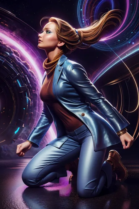 a realistic painting of (Jennifer Lawrence:1.0) by (Michael Whelan and Keith Parkinson:1.4), A slicked-back low bun that emphasi...