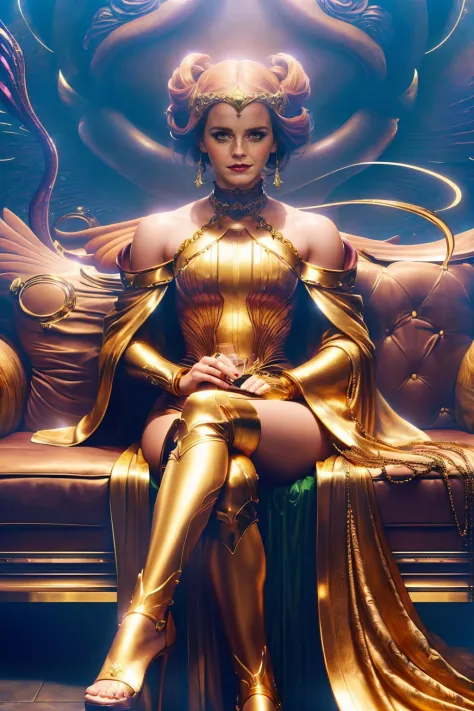 a realistic painting of (Emma Watson:1.0) by (Moebius and Wayne Barlowe:1.4), Messy bun with a chain hair accessory: A messy bun held together with a thick chain hair accessory, giving off a rebellious and slightly dominant vibe. wearing An emerald green v...