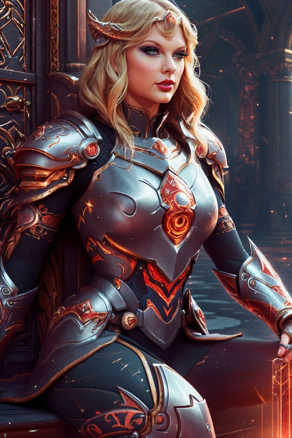 uma pintura digital realista de (Taylor Swift:1.0), Nos salões reluzentes de uma fortaleza majestosa, uma paladina humana permanece resoluta. Sua armadura completa brilha sob os grandes arcos, seu capacete debaixo do braço para revelar seu rosto severo adornado com (rígido, maquiagem corajosa:1.2). Na outra mão, ela segura uma espada brilhante, simbolizando justiça e ordem. A configuração, sua postura real, e sua arma divina juntas capturam a missão divina de um Paladino em um (fotorrealista:1.35), (altamente detalhado:1.4) estilo , Cornrows bem trançados ou torções que criam um intrincado, padrão atraente. vestindo um suéter de malha bege enorme enfiado em leggings de couro preto. Combine com botins grossos e uma pequena mochila preta. Um look simples mas chique para os dias mais frios. , (sentada de costas para a câmera, ela torce o torso para olhar por cima do ombro. Uma mão toca levemente seu pescoço, e a outra repousa em seu quadril. Essa pose é misteriosa, mas atraente.:1.1) , (elegante,foco nitído,melhor qualidade,motor irreal,Iluminação global,iluminação realista,renderização de octanagem,Papel de parede 8k:1.2), InBlackholeTech, energia excessiva, ficção científica