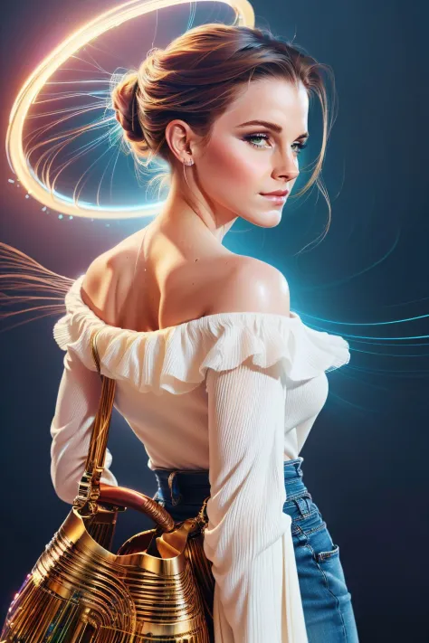 a realistic painting of (Emma Watson:1.0) by (Kekai Kotaki and Oliver Wetter:1.4), Wet, slicked-back hair styled in a bold and daring look that draws attention to the cheekbones and jawline. wearing From Mexico, a white, flowy, off-the-shoulder blouse paired with a vibrant, embroidered skirt. Paired with leather huarache sandals and a colorful tote bag. , (She stands with her back to the camera, looking over her shoulder with a captivating smile. One hand is casually placed in the pocket of her jeans, the other hangs relaxed at her side. Her look is alluring yet approachable.:1.1) , (ultra detailed,Photorealistic Painting,Sharp Focus,atmospheric lights,incredibly detailed,intricate,octane render,Dramatic:1.2), <lora:OpticalTech:0.95>, opticaltech, optical fibers, inner glow <lora::1>