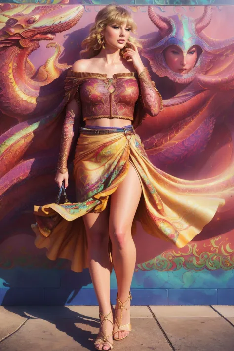 a realistic painting of (Taylor Swift:1.0) by (Boris Vallejo and Moebius:1.4), A short, choppy bob with plenty of texture and layers, styled in a sexy and edgy look that highlights the cheekbones and jawline. wearing From Mexico, a white, flowy, off-the-shoulder blouse paired with a vibrant, embroidered skirt. Paired with leather huarache sandals and a colorful tote bag. , (Leaning against a wall, her body forms a captivating diagonal line. One leg is bent at the knee, foot pressed against the wall, showcasing the length of her figure. Her hands gently cradle her face or play through her hair, presenting a flirtatious and adventurous image.:1.1) , (realistic lighting,masterpiece,extremely detailed,global illumination,hyperrealism,hdr,Dramatic,subsurface scattering:1.2), <lora:BlessedTech:0.95>, blessedtech, blessed, aura