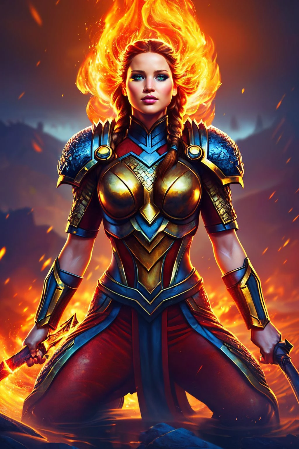 a réaliste digital painting of (Jennifer Lawrence:1.0), Au milieu d&#39;un champ de bataille noyé dans les flammes, une femme chevalier infernal humain (photoréaliste:1.35) reste résolu, ses yeux brillent d&#39;une lumière infernale. Son visage, orné de (rude, maquillage dramatique:1.2), dégage une aura d’autorité. Enfermée dans son intimidante armure à pointes, elle contrôle le pouvoir du feu de l&#39;enfer entre ses mains. Le champ de bataille flamboyant, le chaos du combat, et la présence intimidante du Hellknight capture la discipline implacable de son ordre.  , Tresse queue de poisson avec fil doré: Une longue tresse en queue de poisson entrelacée de fil d&#39;or, donnant une touche royale et sophistiquée à l&#39;aspect général. résistant (Comme Laura S.. Arséide, the stoic and honorable daughter of Viscount Arséide, contre sa maison ancestrale à Legram, brandissant son épée emblématique, dans son uniforme de l&#39;Académie militaire Thors.:1.2) , (Elle s&#39;agenouille sur un genou, reposant son poids sur son talon, avec son autre jambe tendue devant. Ses mains reposent légèrement sur son genou, et sa tête est tournée sur le côté, regarder au loin.:1.1) ,(rendu d&#39;octane,netteté,Des couleurs vives,Occlusion ambiante,Photoréaliste Painting,réaliste,tendance sur artstation,Émotionnel,peinture à l&#39;huile majestueuse professionnelle,élégant,complexe,chef-d&#39;œuvre,incroyablement détaillé,haute résolution,illustration hyper détaillée,diffusion souterraine,hdr,art fantastique,scène captivante,extrêmement détaillé,complexely designed,éclairage magnifique:1.2), 