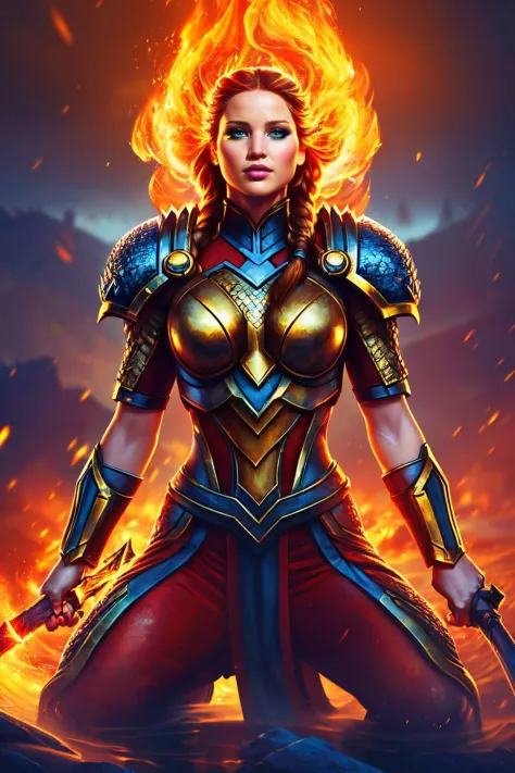a realistic digital painting of (Jennifer Lawrence:1.0), Amidst a battlefield drowned in flames, a female human Hellknight (phot...