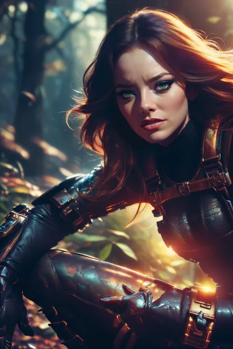 a realistic digital painting of (Emma Stone:1.0), In the heart of a vast, lush forest, a female human Ranger (photorealistic:1.3...