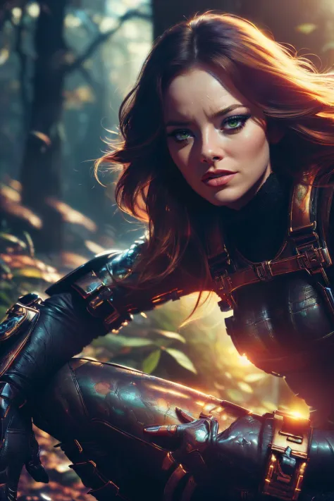 a realistic digital painting of (Emma Stone:1.0), In the heart of a vast, lush forest, a female human Ranger (photorealistic:1.35) watches from the shadows. Her face, featuring (natural, earth-toned makeup:1.2), blends into the forest hues. She holds a drawn bow, her eyes locked onto unseen prey. The sprawling forest, the lurking predators, and the Ranger's stealthy readiness echo the wild essence of her class  , A half-up, half-down style with a deep side part, featuring large, loose waves and a few strands left loose around the face. wearing (A fitted black turtleneck worn under a mustard yellow woolen coat. Paired with fitted black trousers and lace-up boots.:1.2) , (Her body is turned away from the camera, but she twists her torso to face the lens directly. One hand rests lightly on her hip and the other is brought up to lightly touch her lips. She maintains a powerful eye contact with the camera.:1.1) ,(cinematic,hdr,Sharp Focus,elegant,atmospheric lighting,unforgettable illustration,Deviant-art,8k,subsurface scattering,vibrant high contrast,trending on ArtStation,incredibly detailed,DSLR-quality,intricately designed,intricate,dramatic lighting,volumetric lighting,smooth skin,iconic and memorable,concept art,Beautifully realistic,award-winning digital painting,ultra detailed:1.2), <lora:VampiricTech:0.85>, vamptech, vampiric