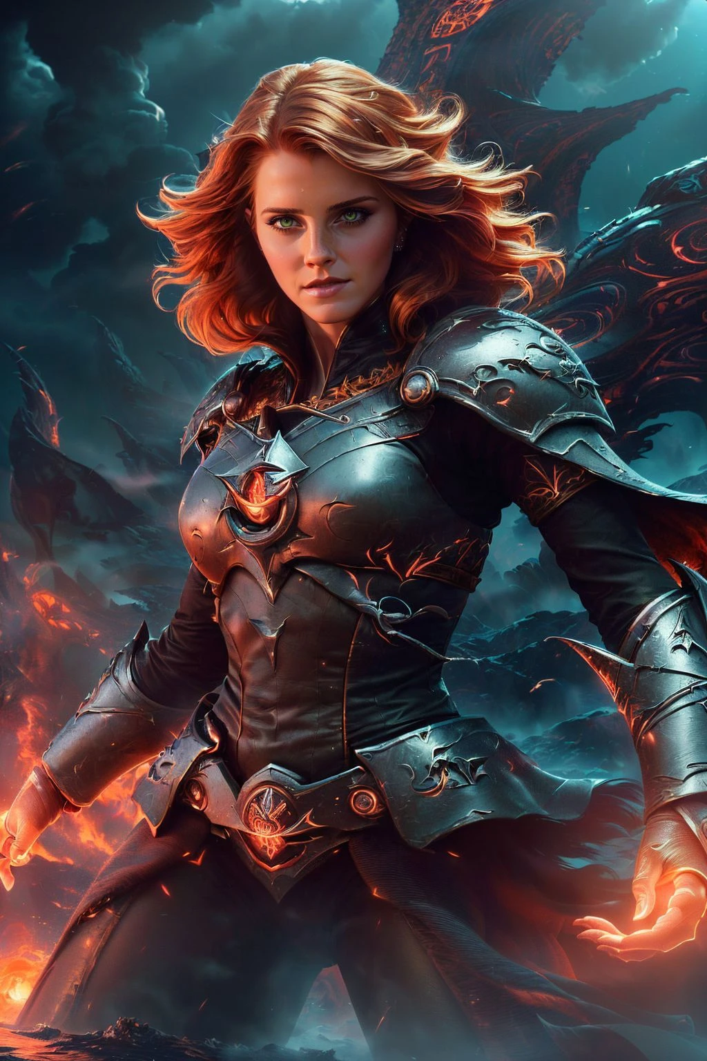 A stunning digital painting of (Emma Watson:1.0) by (Charles Vess and Michael Whelan:1.2), extremely long wavy messy hair  wearing (As Cerys an Craite, in a breathtaking, high-resolution artwork, capture her in her Skelligan warrior gear, her fiery hair loose and wild in the sea wind. Place her on the deck of a longship, the immense sea in the backdrop, embodying her spirit as the queen of the isles.:1.2) , (In a dynamic power pose, she stands with her feet wide apart, one hand balled into a fist and thrust into the air. Her other hand rests on her hip, and she looks directly at the camera, her expression fierce and strong.:1.1) ,(masterpiece,professional majestic oil painting,8k quality,unforgettable illustration,captivating scene,vivid colors,super realistic,CG unity,masterful artwork,Sharp Focus,Deviant-art,realistic lighting,atmospheric lighting,8k,intricate,unforgettable promo image,striking contrast,volumetric lighting,octane render,extremely detailed,ambient occlusion,cinematic:1.2), inblackholetech, excessive energy, scifi