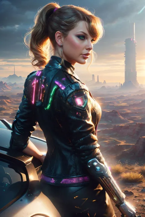 A stunning digital painting of (Taylor Swift:1.0) by (ZdzisBaw BeksiDski and James Gurney:1.2), A low ponytail with a teased crown, creating a sexy, voluminous look with plenty of movement and bounce. wearing (As Female Panam Palmer from Cyberpunk 2077, paint a breathtaking, high-resolution image. Set against the dusty backdrop of the Badlands, she leans on her rugged car, the Aldecaldos jacket flapping in the desert wind. The setting sun illuminates her determined features, casting long shadows. The intense detailing of her outfit, car, and the vast expanse of the desert encapsulates the harsh beauty of Cyberpunk s desolate outskirts.:1.2) , (She is caught mid-step, as if walking. Her arms swing naturally at her sides and she looks off to one side, as if spotting a friend in the distance. The pose captures a moment in motion, creating a dynamic image.:1.1) ,(gorgeous lighting,award-winning digital painting,hdr,smooth skin,iconic and memorable,realistic lighting,atmospheric lights,sharp focus,unforgettable promo image,Deviant-art,4k quality,highly detailed,emotional,global illumination,cinematic,A mesmerizing, hyper-realistic portrayal,unreal engine,extremely detailed,masterpiece,high-resolution,lifelike textures,beautifully crafted digital painting:1.2), <lora:contact:0.55>