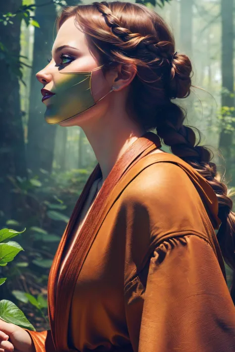 a realistic digital painting of (Emma Stone:1.0), In the heart of an untouched forest, a female human Druid is seen (photorealis...