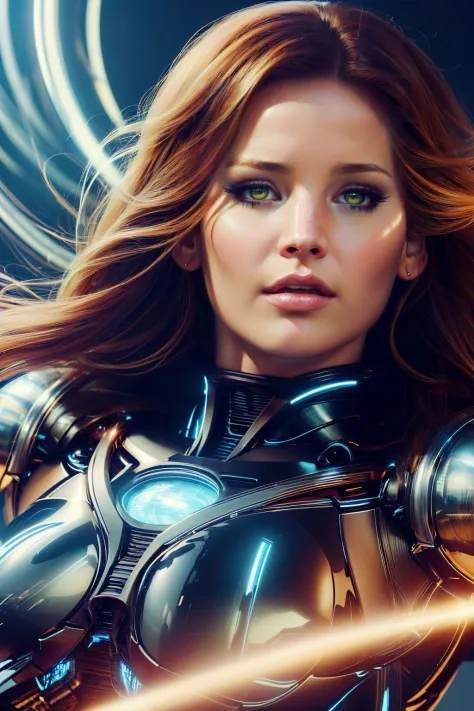 a realistic digital painting of (Jennifer Lawrence:1.0), Amidst a battlefield drowned in flames, a female human Hellknight (photorealistic:1.35) stands resolute, her eyes glowing with an infernal light. Her face, adorned with (harsh, dramatic makeup:1.2), ...