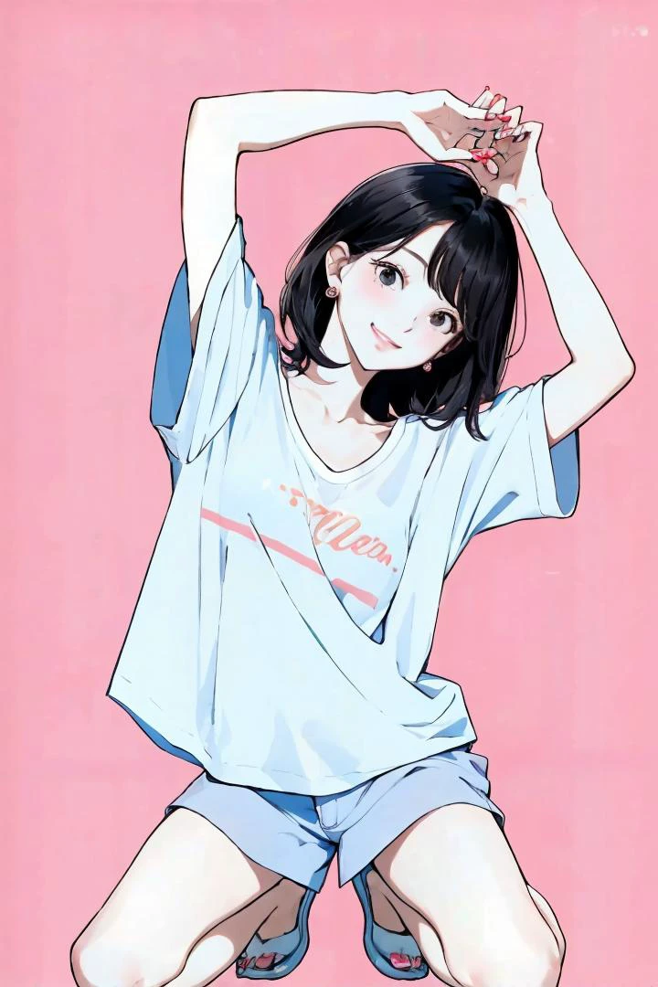 (masterpiece:1.1), best quality, vivid, Sweet girl portrait, 
1girl, solo, small earrings, bangs, medium hair, rose, nail polish, peach nails, medium breast, sexual appeal, High contrast, full body, black hair, short hair, looking at viewer, cleavage, smirk, waterpark, arms up, shirt, white shirt, collarbone, short sleeves, t-shirt, oversized shirt, bra