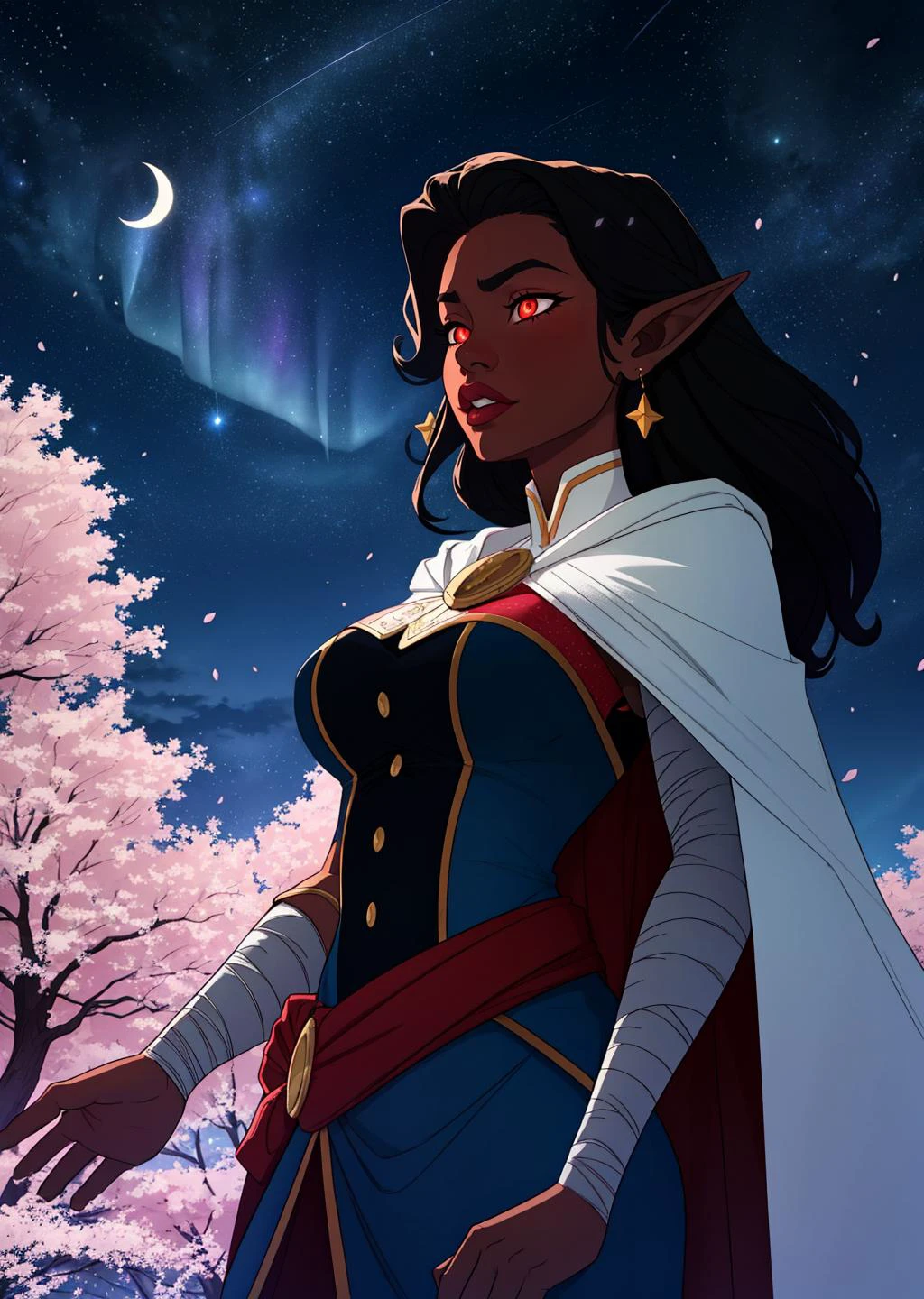 1girl, bandaged arm, bandages, black hair, glowing eyes,  breasts, cape, earrings, dark  elf, jewelry, long hair,  large breasts, pointy ears, solo, dark skin, dark-skinned female, 
masterpiece, best quality, digital art, 1girl, aurora, cherry blossoms, constellation, crescent moon,  galaxy, light particles, milky way, moon, night, night sky, petals, scenery, shooting star, sky, snowing, space, star \(sky\), starry sky, starry sky print, tanabata, tree