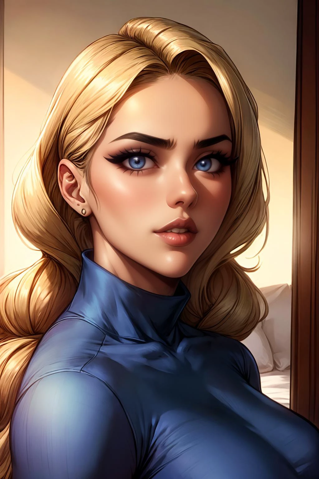 sh3rryf0r31gn, a woman with long blonde hair and blue eyes is posing with a striped shirt on her, turtleneck,  Eszter Mattioni, realistic shaded perfect face, on bed, 
masterpiece, best quality, highres ,  high reflection detail,