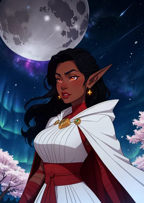 1girl, bandaged arm, bandages, black hair, glowing eyes,  breasts, cape, earrings, dark  elf, jewelry, long hair,  large breasts, pointy ears, solo, dark skin, dark-skinned female, 
masterpiece, best quality, digital art, 1girl, aurora, cherry blossoms, constellation, crescent moon,  galaxy, light particles, milky way, moon, night, night sky, petals, scenery, shooting star, sky, snowing, space, star \(sky\), starry sky, starry sky print, tanabata, tree