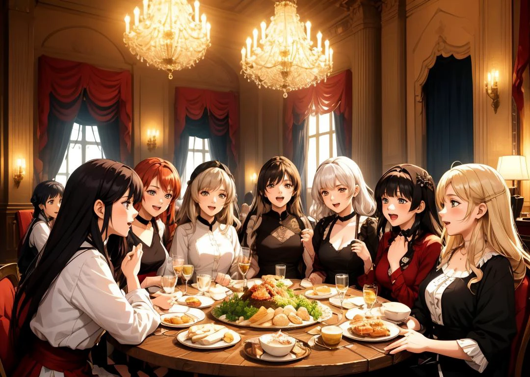 uma cena de um grupo alegre e inclusivo de mulheres de diversas origens étnicas celebrando a amizade da melhor qualidade, Obra de arte, detalhe intrincado, captura de tela de anime, alto detalhe do ambiente,  