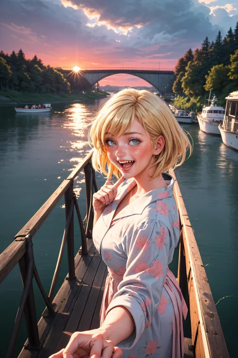 (masterpiece, best quality), 1girl, 1980s \(style\), vintage clothes, door, bridge, lake, boat, pier, sunset, cloudy sky, bloom,...
