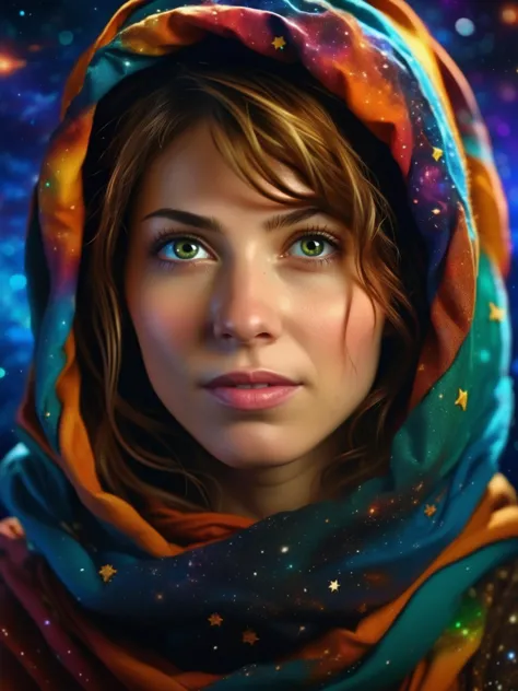 beautiful (afghan woman) in space, galaxy, waist up shot, colorful, stars, nebula, artistic, piercing eyes, (headscarf), bokeh, masterpiece, 4k <lora:afghanwoman_lora_sdxl:0.9>