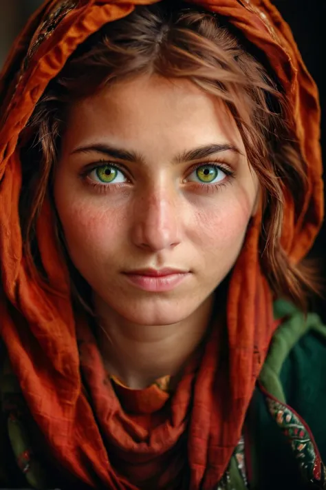 front shot, portrait photo of a 25 y.o (afghan woman), afghan girl, (red headscarf), brown hair, glowing hazelnut green eyes, looks away, natural skin, skin moles, cozy, cinematic, film grain <lora:afghanwoman_lora_sdxl:0.9>