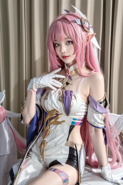 <lora:ç±è:0.75>,elysia cosplay,pink hair,long hair,dress,white dress,bare shoulders,elysia \(honkai impact\),gloves,white gloves,bangs,bar censor,hair ornament,censored,elf,pink eyes,, 1girl,
,  (masterpiece,best quality:1.2),absurdres