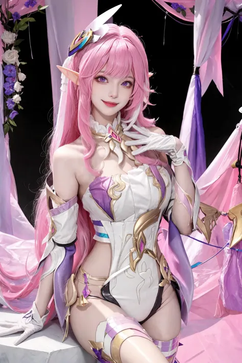 <lora:ç±è:0.75>,elysia cosplay,pink hair,long hair,dress,white dress,bare shoulders,elysia \(honkai impact\),gloves,white gloves,bangs,bar censor,hair ornament,censored,elf,pink eyes,light smile,, 1girl,
,  (masterpiece,best quality:1.2),absurdres