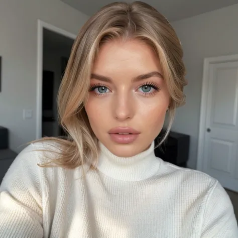 a woman with blonde hair and blue eyes wearing a white turtle neck sweater