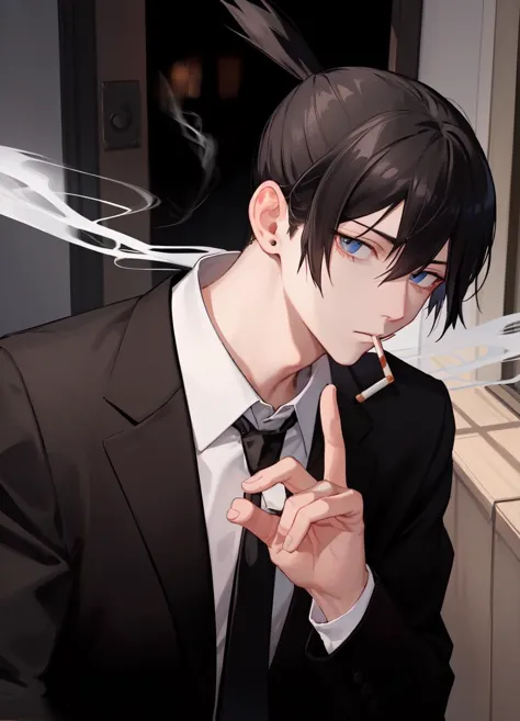 anime guy in a suit smoking a cigarette in a kitchen