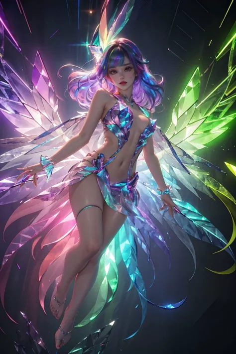 <lora:samo_crystal3-000009:0.7>,upper body,1 girl,suspended in air,hovering,crystal wings,(iridescent,vivid fancy neon color),holo glowing rainbow color long hair,small breasts,full body,, (masterpiece, best quality, high quality, highres, ultra-detailed),